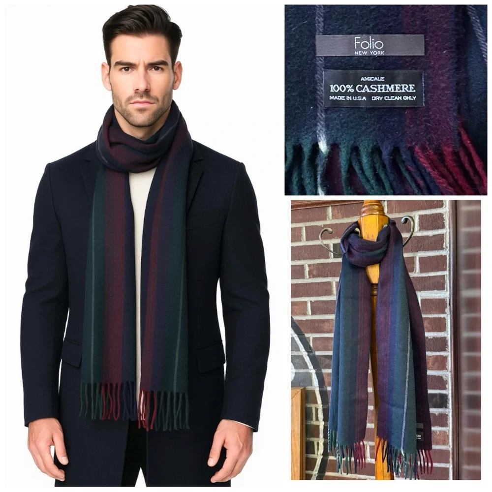 NWOT- FOLIO NEW YORK 100% CASHMERE STRIPS FRINGED SCARF UNISEX